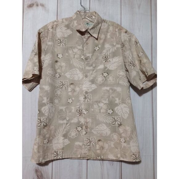Island Shores Shirt Men's Medium Tan Button Front Short Sleeve Wooden Button Tro - Picture 1 of 6